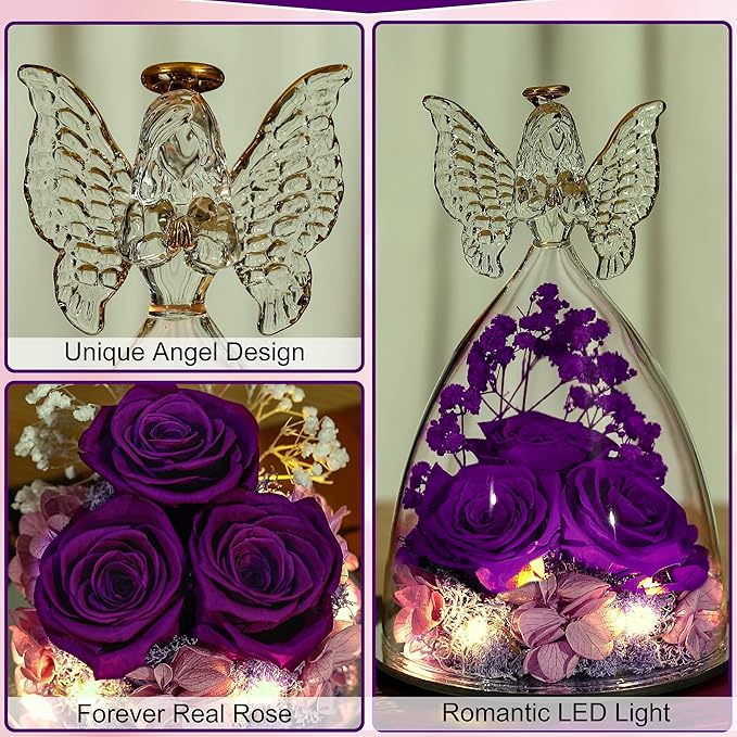 Ocosy Mothers Day Rose Gifts for her, Large Angel Rose Gifts for Women, Forever Real Roses in Angel Figurines, Angel Guardian with Roses Flower, Purple