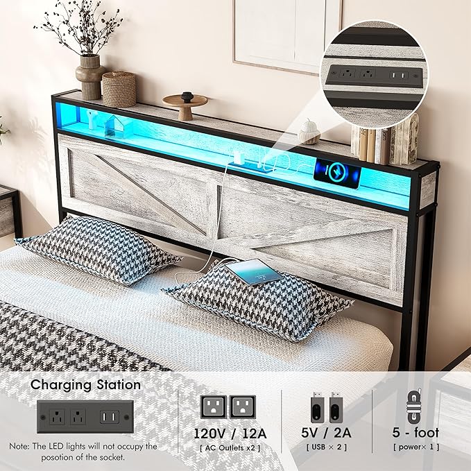 Vabches Queen Size Bed Frame with Headboard and Charging Station, Wash Grey Platform Bed Frame with Led Light, No Box Spring Needed, Noise Free Farmhouse Bedroom Set