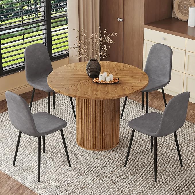 AZmac Round Dining Table Set for 4, Wooden Round Table 5-Piece with Modern Farmhouse Dining Table and 4 Fabric Chairs for Kitchen Dining Room, Wooden Table + 4 Gray Chairs