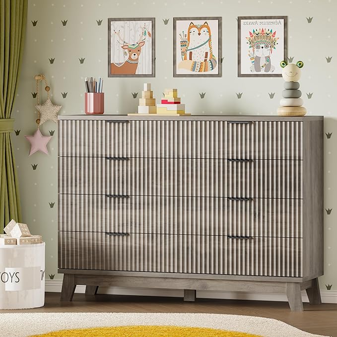 53" Tall Dresser for Bedroom, 8-Drawer Fluted Chest of Drawers, Modern Wood Highboy with Metal Slides and Handles, Anti-Tip Kit, Vertical Clothes Storage Organizer for Apartment, Closet