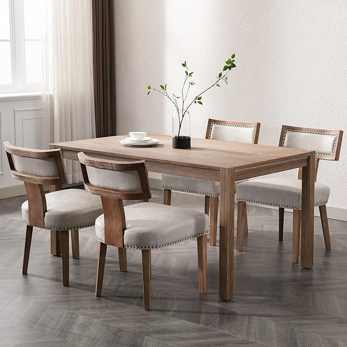 Mid Century Modern Dining Chairs Set of 4, Farmhouse Dining Chairs with Nailhead Trim, Faux Leather Upholstered Dining Room Chairs Kitchen Chairs with Wood Legs, Grey