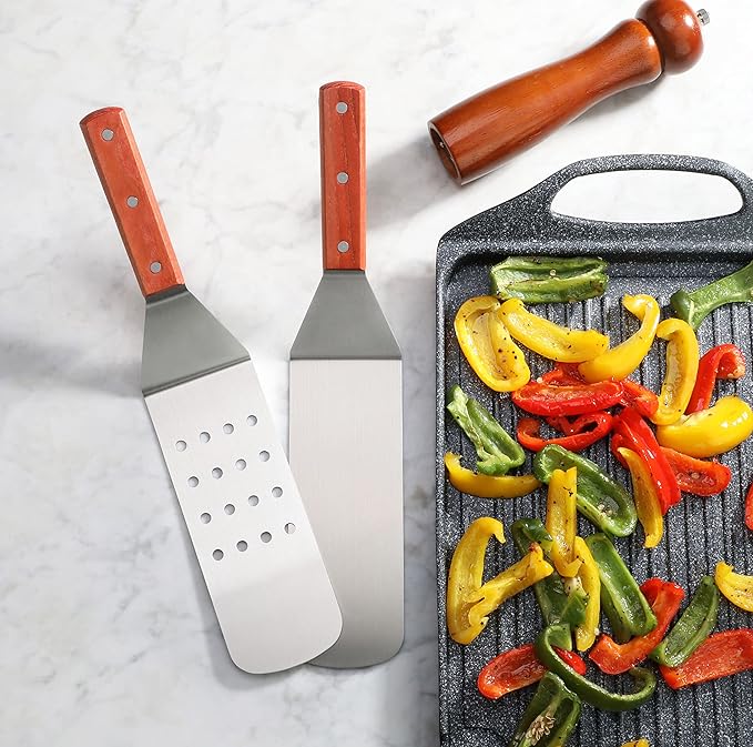 New Star Foodservice 14.5 Inch Perforated Flexible Grill Turner, Stainless Steel Spatula with Wood Handle for Griddle, Flat Top, Grill, and Restaurant Use
