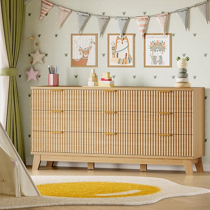 63" Long Dresser for Bedroom, 9-Drawer Fluted Dresser, Extra-Wide Wood Chest of Drawers with Smooth Metal Slides, Stable Base, Modern Clothes Storage Cabinet for Living Room, Hallway, Nursery