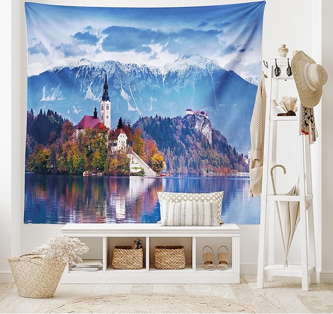 Ambesonne Landscape Tapestry, Photo of Bled in Slovenia with Lake Snowy Mountains and a Castle Pastoral Scenery, Wide Wall Hanging for Bedroom Living Room Dorm, 60" X 40", Blue Lavender