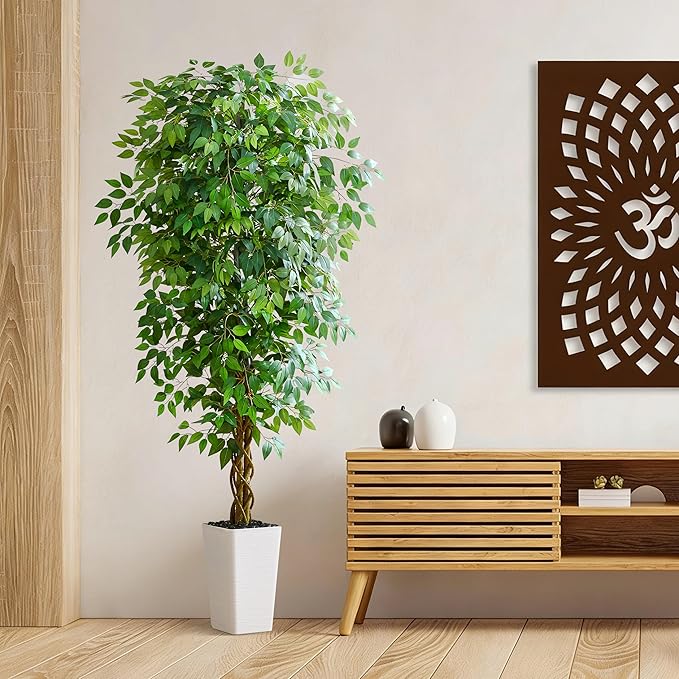 Artificial Ficus Tree 7FT Faux Floor Tree with Planter UV Resistant Potted Fake Silk Plant - Faux Trees Indoor Outdoor Lifelike Fake Ficus Tree for Home, Living Room Bedroom Topiary Tree