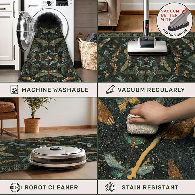 Washable Insect 2x6 Runner Rug for Hallway- Stain Resistant Kitchen Runners, Floral Whimsical Indoor Floor Mat for Bathroom, Soft Non Slip with Rubber Backed, Dark Green