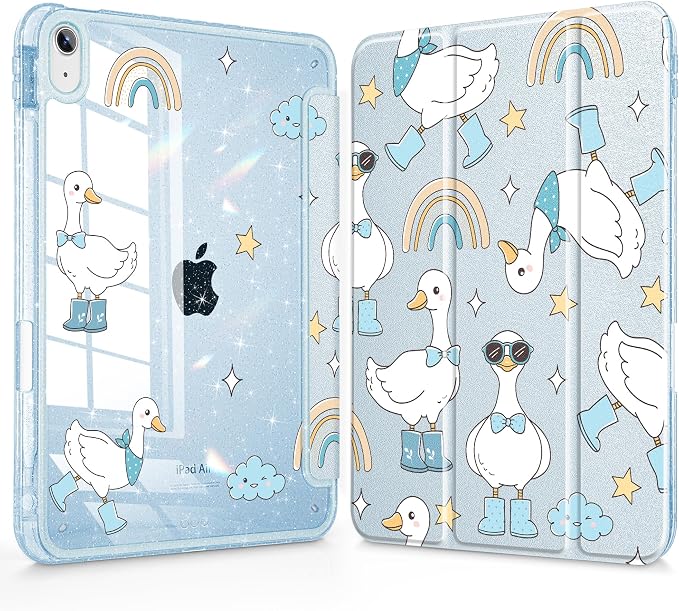 for iPad Air 11 inch M4/M3/M2 (2026/2025/2024) iPad Air 5th/4th Gen (2022/2020) 10.9 inch with Pencil Holder Glitter Clear Pretevtive Cover Auto Wake/Sleep Black Cartoon Stickers