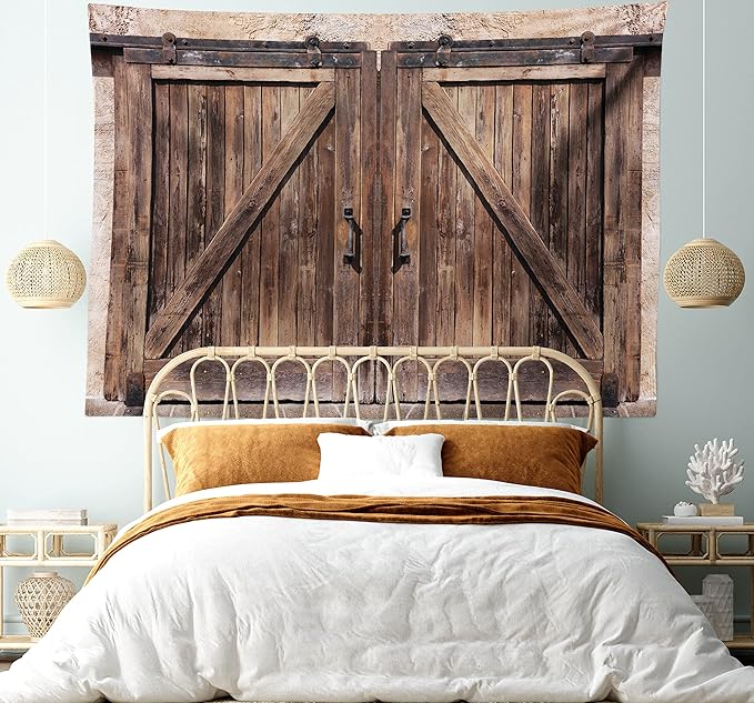 Ambesonne Rustic Tapestry, Wooden Barn Door in Stone Farmhouse Image Vintage Desgin Rural Art Architecture Print, Fabric Wall Hanging Decor for Bedroom Living Room Dorm, 45" X 30", Cream Brown