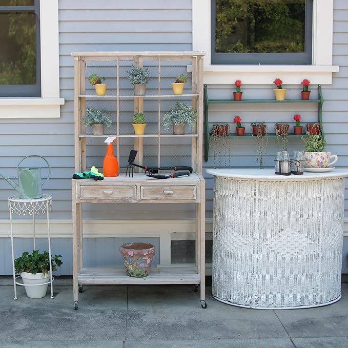 Alpine Corporation 67" Tall Indoor/Outdoor Rustic Wooden Potting Hutch with Shelves and Drawers