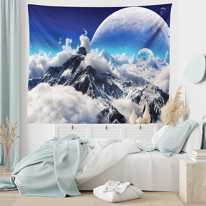 Ambesonne Fantasy Tapestry King Size, Celestial View of Snow Capped Mountains and Alien Planet Print, Wall Hanging Bedspread Bed Cover Wall Decor, 104" X 88", White and Navy Blue