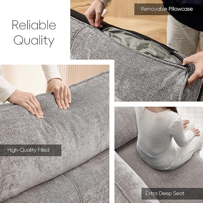 Ihanherry 72" Modern Sofa for Living Room, Deep Seat Chenille Loveseat with Fast Charging Port & Removable Washable Cushions, Pillow-Armrest Couch for Small Space/Apartment, Sturdy Frame, Grey