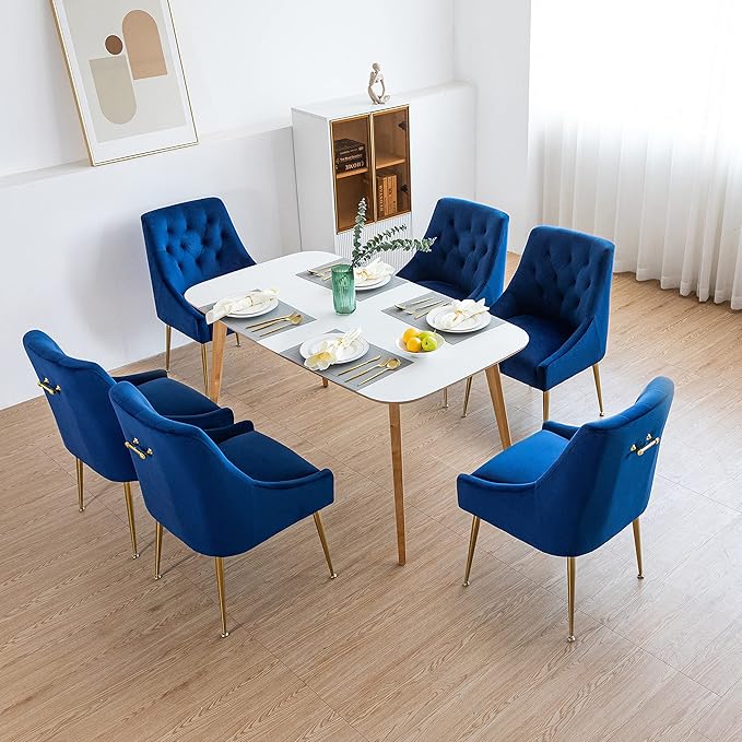 Modern Dining Chair Set of 2, Mid-Century Room Chair, Upholstered Comfortable Velvet with Back Pull Rod and Metal Legs for Kitchen, Dining, Living (Blue), (DYXSD)