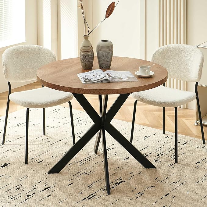 Round Dining Table Set for 2, Modern 3-Piece Kitchen Dining Room Table Set, 37" Round MDF Living Coffee Table with 2 Seated Boucle Dining Chairs Upholstered, Metal Legs for Dining Hall