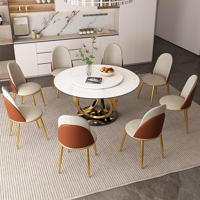 Dining Table Set with 8 Chairs, 53" Round Modern Marble Dining Table with Lazy Susan, Sintered Stone Top for Kitchen, Dining Room, Dinette