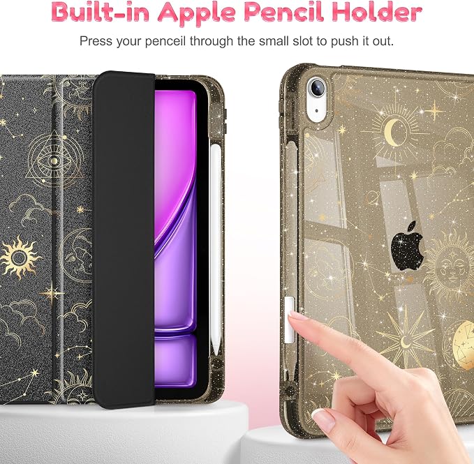 for iPad Air 11 inch M4/M3/M2 (2026/2025/2024) iPad Air 5th/4th Gen (2022/2020) 10.9 inch with Pencil Holder Glitter Clear Pretevtive Cover Auto Wake/Sleep Black Cartoon Stickers