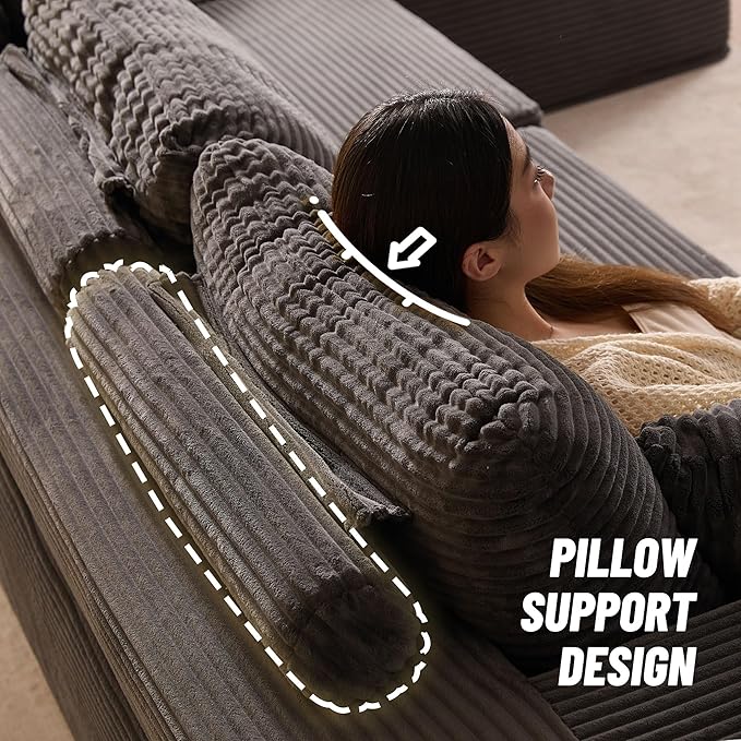 138" Boneless Couch with Deep Seat, Modular Sectional Sofa, Cloud Sectional Couch for Living Room, No Assembly Required, Corduroy, 4 Seater L-Shape Left, Grey