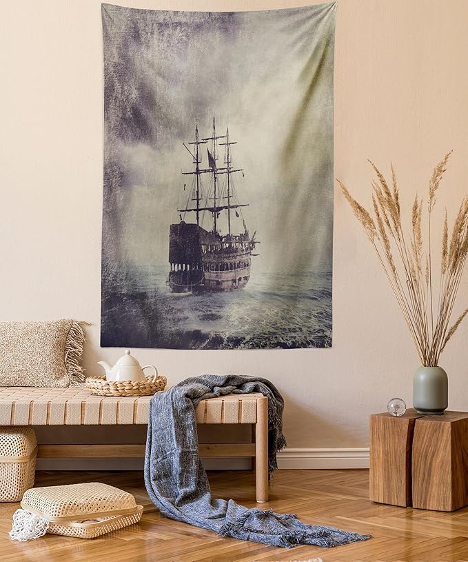 Ambesonne Nautical Tapestry Twin Size, Old Pirate Ship in the Sea Historical Cruise Retro Voyage Grunge Style Art, Wall Hanging Bedspread Bed Cover Wall Decor, 68" X 88", Tan Plum