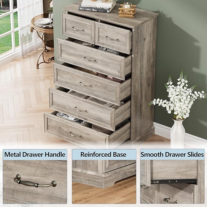 6 Drawer Dresser for Bedroom, 49" Tall Wooden Chest of Drawers, Rustic Farmhouse Dresser with Large Drawers & Metal Handles, Modern Storage Organizer for Closet, Living Room, Hallway, Grey