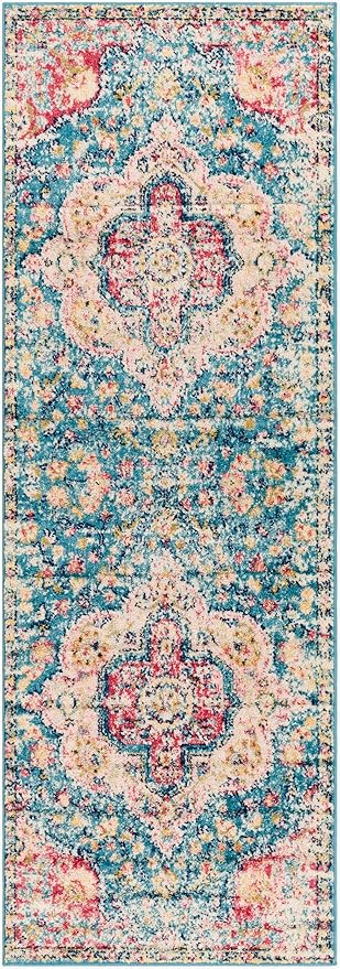 Livabliss Area Rugs - 3x7 Romaine Vintage Boho Navy Sky Blue Rose Runner Area Rug for Living Room Bedroom - Floral Medallion Stain Resistant Carpet for Kitchen, Nursery, Office (2'7" x 7'6", Runner)
