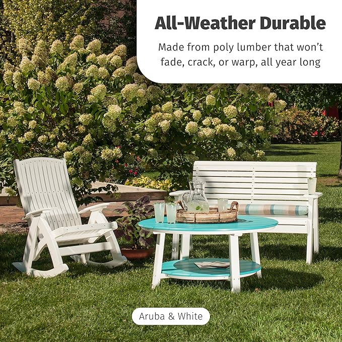 LuxCraft Deluxe Poly Round Outdoor Coffee Table, Two Tier Coffee Table, Round Conversation Tables for Outside Patio with Lower Shelf - Amish Made in USA (Aruba Blue & White)