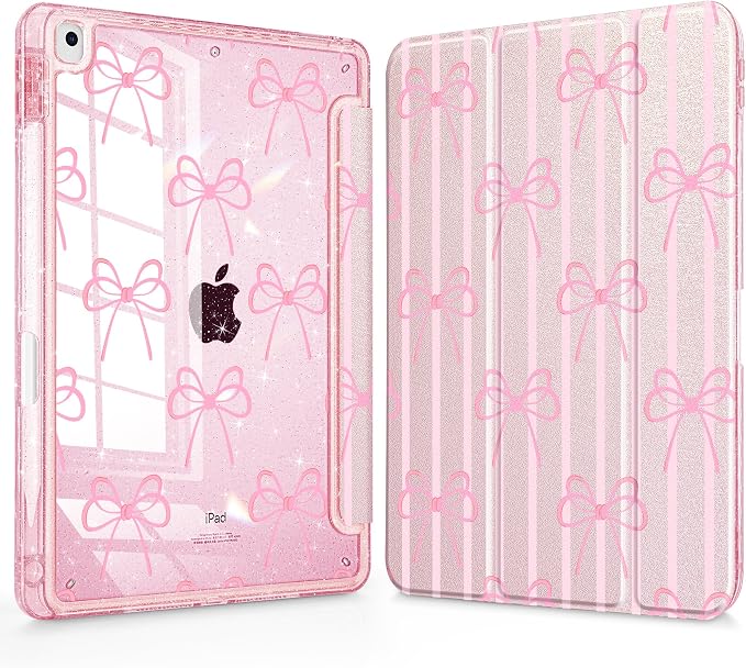 Mektron Sparkly Case for iPad 10.2 inch Glitter Tablet Cases for iPad 9th Gen 2021/8th Gen 2020/7th Gen 2019 Cover with Shiny Clear Back Shell Foldable Bling Smart Cover Blue Floral