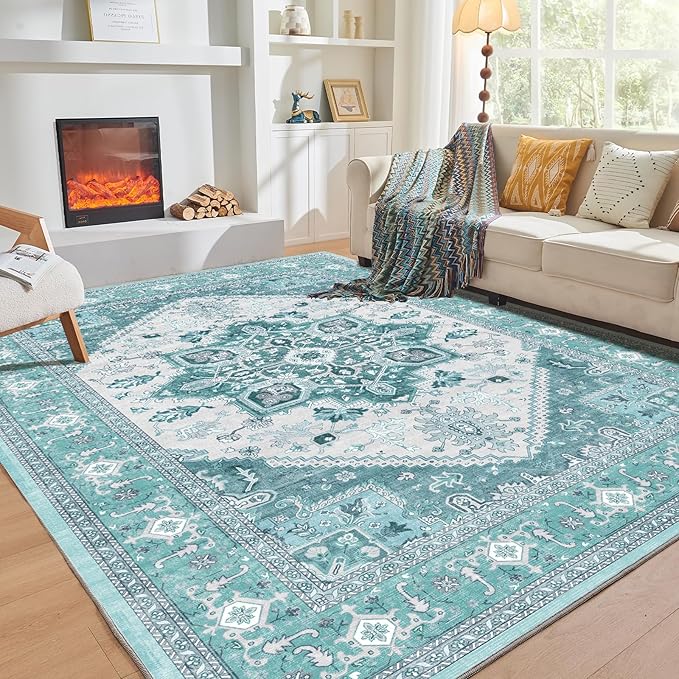 OPPODREAM Thin Area Rugs 5x7, 5x7 Washable Rug with Non Slip Backing, 5 x 7 Faux Cashmere Low-Pile Carpet, Teal & Turquoise & Cream