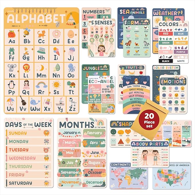 jackinthebox 20 Boho Pre-K Educational Posters - 12 x 17 inches Laminated, Homeschool & Classroom Decorations, Easter Gift for Toddlers Ages 1-3