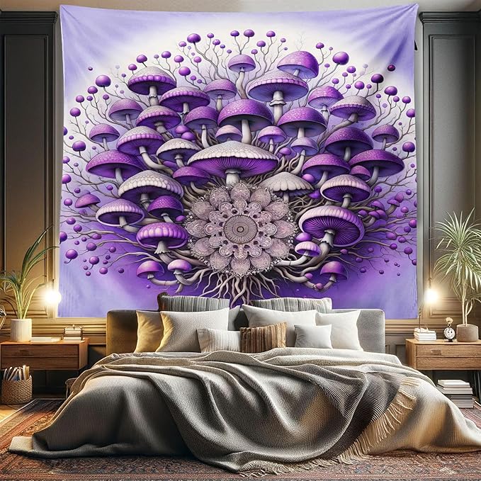 Ambesonne Purple Tapestry King Size, Abstract Psychedelic Mushrooms Branching with a Universe Mandala Pastel Backdrop, Wall Hanging Bedspread Bed Cover Wall Decor, 104" X 88", Lilac Violet