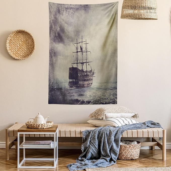 Ambesonne Nautical Tapestry Twin Size, Old Pirate Ship in the Sea Historical Cruise Retro Voyage Grunge Style Art, Wall Hanging Bedspread Bed Cover Wall Decor, 68" X 88", Tan Plum