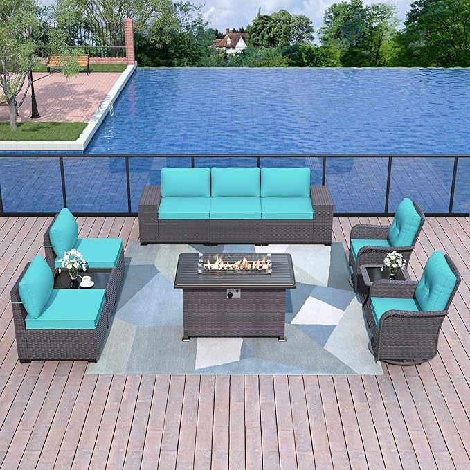 Kurapika 10 Pieces Patio Furniture Set, Rattan Wicker Outdoor Conversation Sets w/43in Propane Fire Pit Table, Swivel Rocking Chairs Patio Sectional Sofa w/4 Inch Cushion, Blue