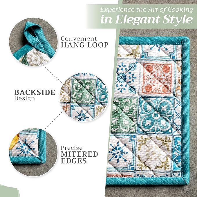 Maison d' Hermine 100% Cotton Oven Mitt & Pot Holder Set (7.5"x13" & 8"x8") Heat Resistant BBQ Cooking Gloves with Loop, Baking, Grilling, Kitchen, Handling Hot Pans Spring/Summer (Agrume)