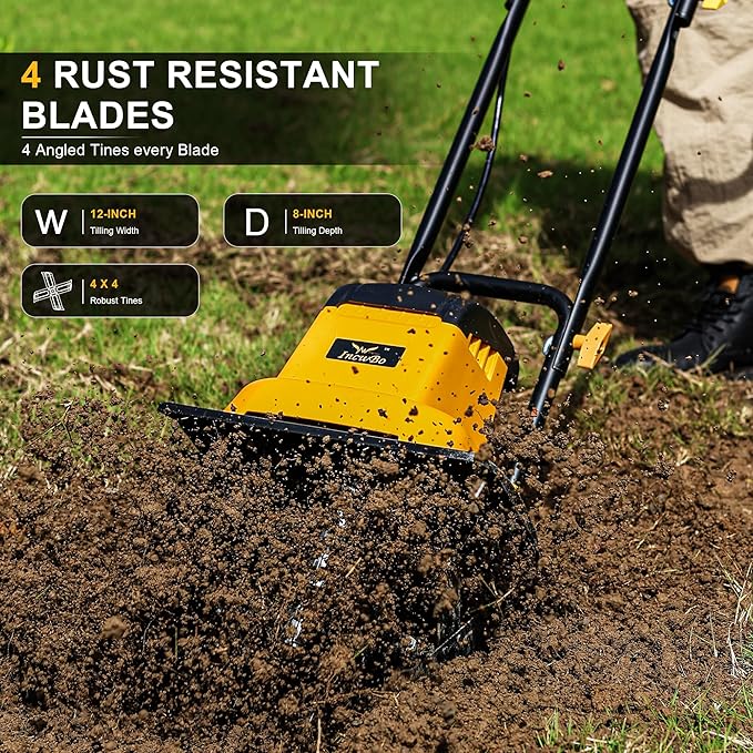 8.5AMP 12Inch Corded Tiller Cultivator 8-inch Depth Rototillers for Gardening, 360RPM Electric Garden Tiller with LT-201D Socket