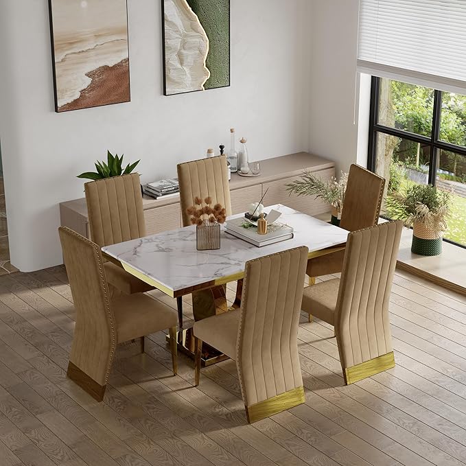 AUZ Dining Chairs with Nail Head Trim, Modern Velvet Upholstered Dining Room Chairs in Lovely Color with Polished Gold Stainless Steel Legs, Set of 6