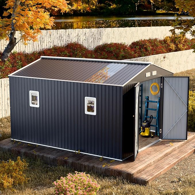 10x12 FT Metal Storage Shed with Floor Frame Extra Large Waterproof Storage House with Clear Roof Windows Air Vent for Garden Yard to Store Bikes,Lawnmower,Dark Grey