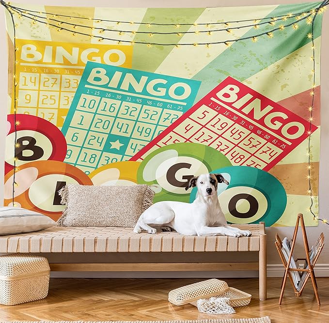 Ambesonne Vintage Tapestry, Bingo Game with Ball and Cards Pop Art Lottery Hobby Celebration Theme, Fabric Wall Hanging Decor for Bedroom Living Room Dorm, 28" X 23", Teal Multicolor