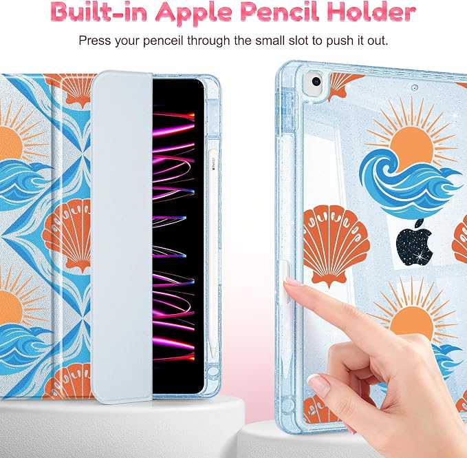 Mektron Sparkly Case for iPad 10.2 inch Glitter Tablet Cases for iPad 9th Gen 2021/8th Gen 2020/7th Gen 2019 Cover with Shiny Clear Back Shell Foldable Bling Smart Cover Blue Floral