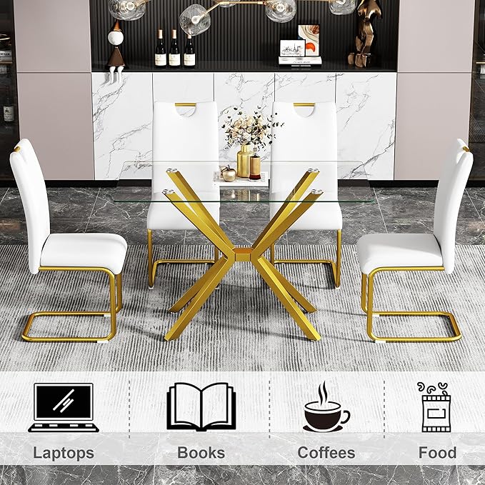 47.24" Rectangular Glass Dining Table Modern Kitchen Glass Top Table for 4 with Gold Metal Legs, Clear Dining Table Kitchen Table for Home Office Dining Room