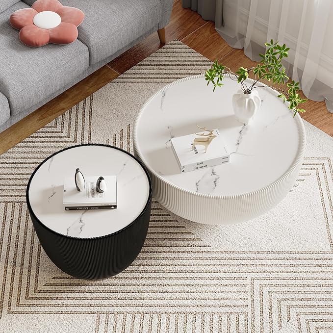 Round Coffee Table Set with Sintered Stone Tabletop, 27.56" White Drum Center Table and 19.69" Black Coffee Table Set, 2 Pieces Living Room Table Set with Fluted PU Leather Cover& Metal Base
