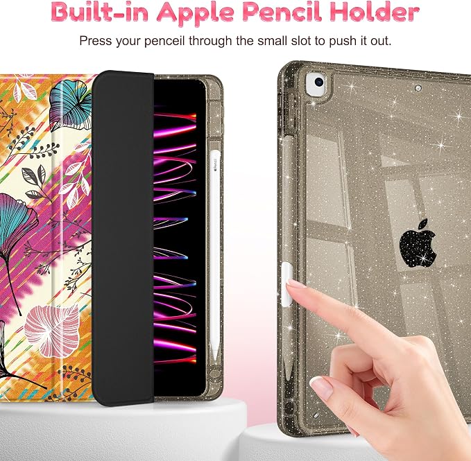 Mektron Sparkly Case for iPad 10.2 inch Glitter Tablet Cases for iPad 9th Gen 2021/8th Gen 2020/7th Gen 2019 Cover with Shiny Clear Back Shell Foldable Bling Smart Cover Blue Floral