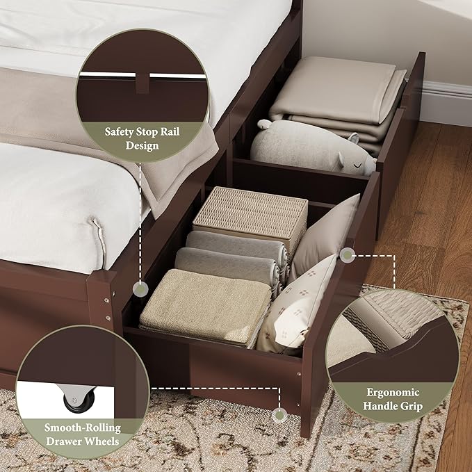 AMERLIFE Full Size Solid Wood Bed Frame with 50" Tall Headboard, Mid-Century Modern Bed with Storage, Wooden Platform Bed with 2 Drawers, No Box Spring Needed, Espresso
