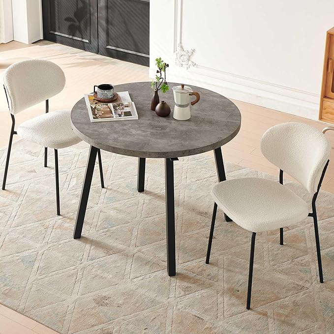 Modern Dining Table Set for 2, 37" Round MDF Living Coffee Table Industrial with 4 Seated Boucle Dining Chairs Upholstered, Metal Legs for Dining Hall, Living Room