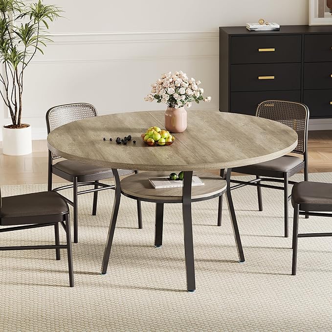 IDEALHOUSE Round Dining Table for 4-6, 47 Inch Kitchen Table with Sturdy Metal Frame, Space Saving Circle Dining Room Table for Small Space (Table Only), Grey