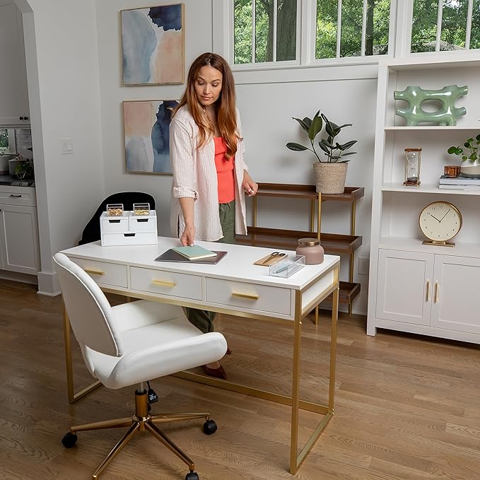 Martha Stewart Ollie Home Office Desk with 3 Drawers in White with Polished Brass Hardware