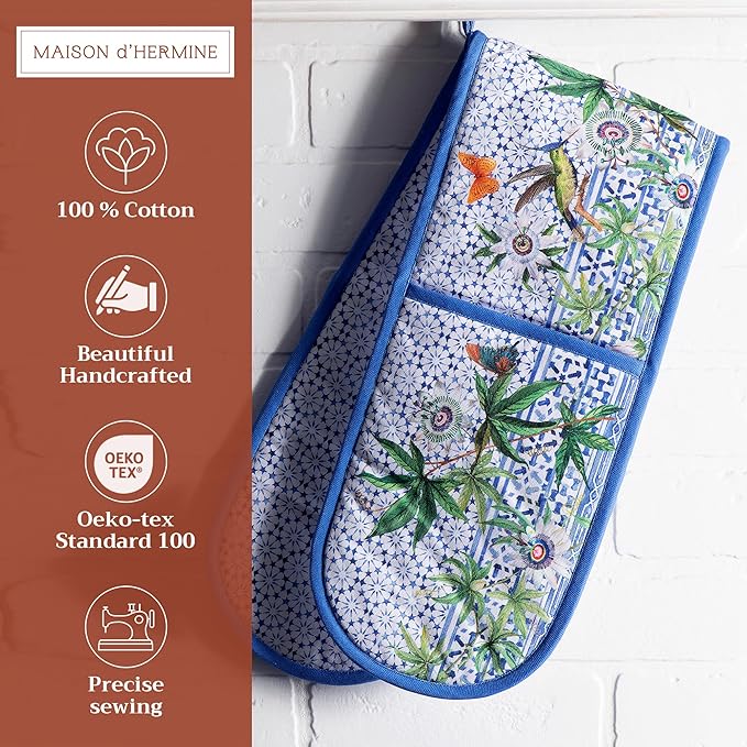 Maison d' Hermine Double Oven Mitts 100% Cotton 7"x35" Double Oven Mitt Heat Resistant BBQ Cooking Gloves with Loop, Baking, Grilling, Home, Kitchen, Handling Hot Pans Spring Summer (Passiflora)
