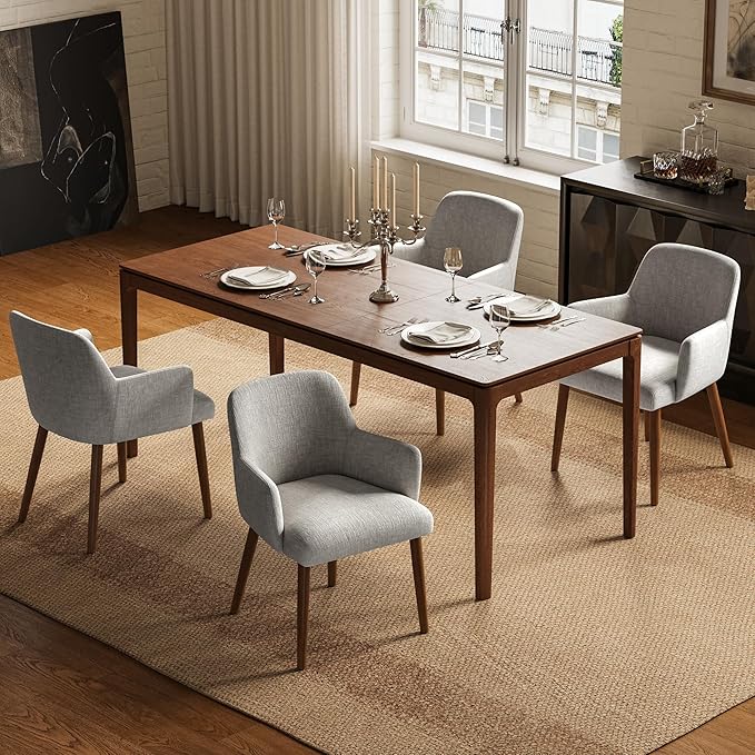 Upholstered Dining Chairs Set of 2, Modern Kitchen Chairs with Back and Curved Armrest, Fabric Side Dining Room Chairs with Wood Legs for Kitchen Dining Room Restaurant, Grey