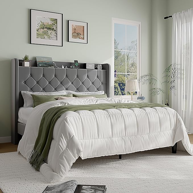 SHA CERLIN Queen Size Platform Bed Frame with Charging Station, Velvet Wingback Headboard with Storage Shelf, Wooden Slats Support, Ample Under-Bed Space, No Box Spring Needed, Easy Assembly, Grey