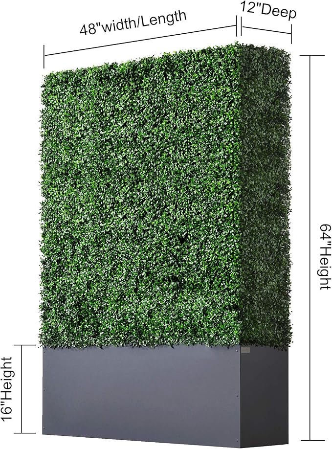 AGPL Artificial Boxwood Hedge Wall with Dark Gray Stainless Steel Planter Box Privacy Wall Backdrops, Outdoor Privacy Fence for Patio,Balcony,Restaurant,Garden,Party Décor (64" H 48" W 12" D)