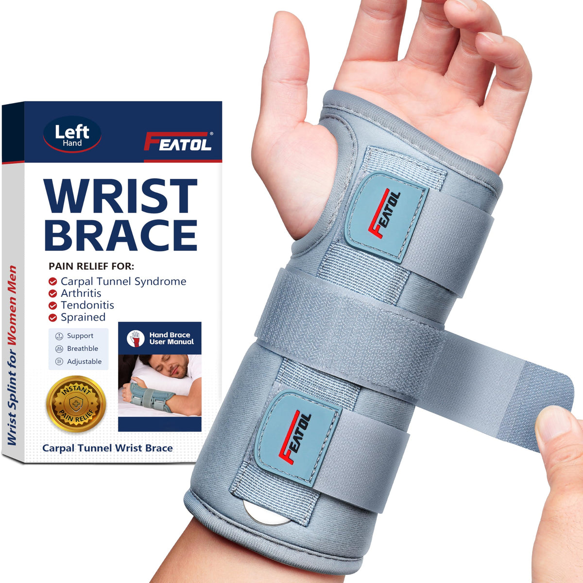 FEATOL Wrist Brace Carpal Tunnel for Women Men, Adjustable Night Sleep Support Brace with Splints Left Hand, Medium/Large