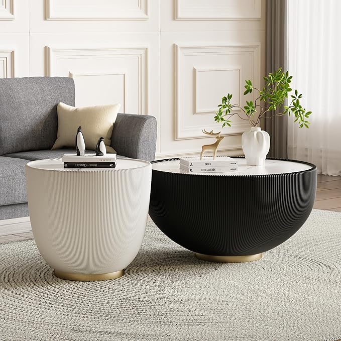 Black Round Coffee Table with Sintered Stone Tabletop, 27.56" Drum Coffee Table with Fluted PU Leather Covered and Metal Base, Circle Cocktail Tea Table for Living Room