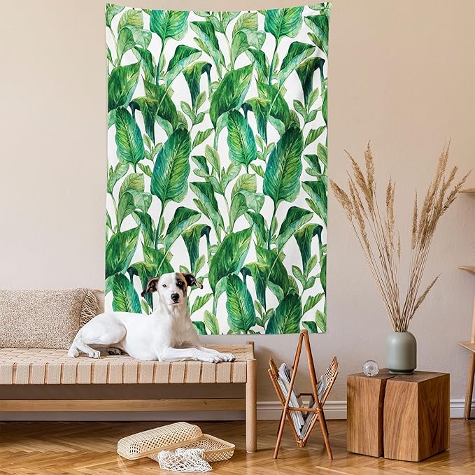 Ambesonne Leaf Tapestry, Romantic Holiday Island Hawaiian Banana Trees Watercolored Image, Fabric Wall Hanging Decor for Bedroom Living Room Dorm, 30" X 45", Forest Green